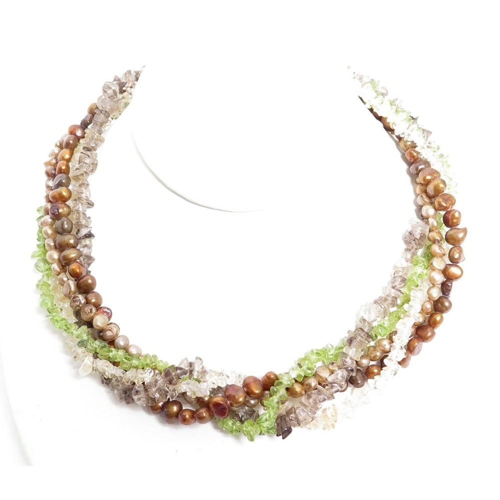 Vintage 5 Strand Smoky Quartz Peridot Gemstone & Shades of Brown Pearls Necklace